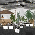 Cozy Bar Interior Design With String Lights Wooden Tables Chairs Umbrella And Green Plants