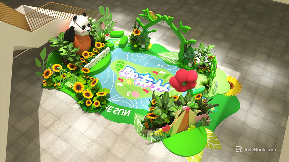 Vibrant Themed Decorative Scene With Panda Sunflowers Green Plants And Beach MELO Signs 3d model 