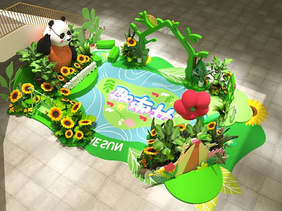 Vibrant Themed Decorative Scene With Panda Sunflowers Green Plants And Beach MELO Signs 3d model