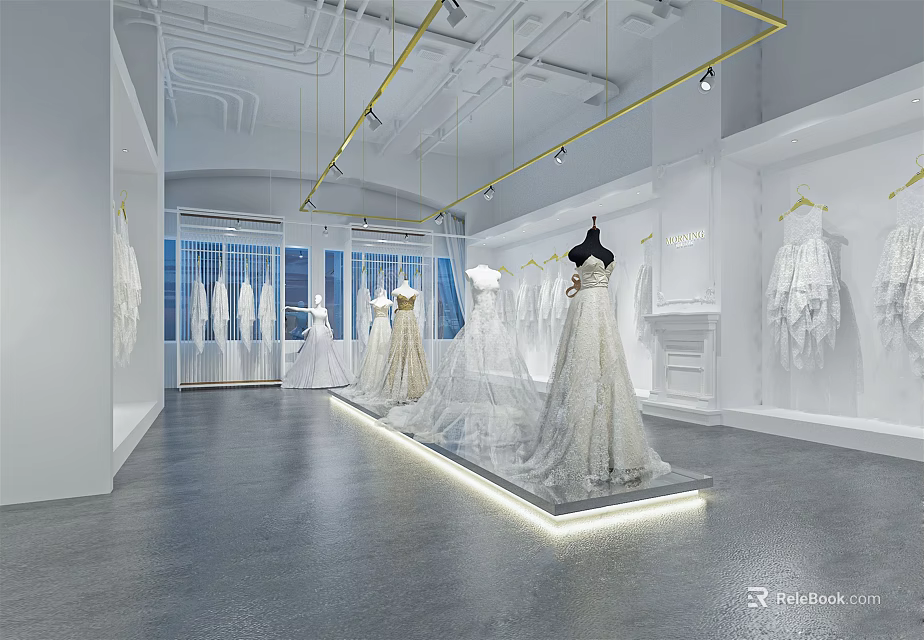 Wedding Dress Store Interior With Bridal Gowns Displayed On Mannequins And Modern Lighting 3d model 