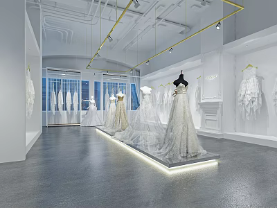 Wedding Dress Store Interior With Bridal Gowns Displayed On Mannequins And Modern Lighting 3d model