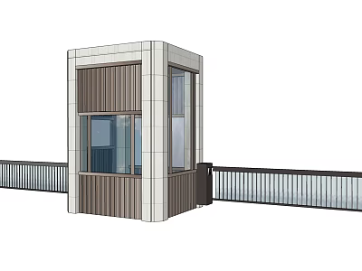 Modern Security Booth Structure Featuring Glass Windows Wooden Panels And Railing 3d model