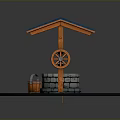 Traditional Well With Blue Roof Orange Wooden Frame And Bucket On Circular Stone Floor