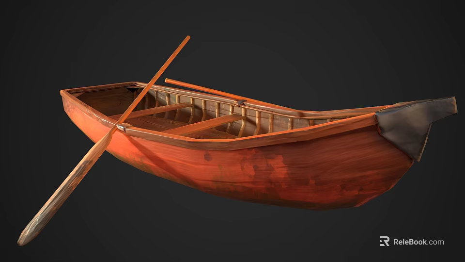 Classic Wooden Boat With Brown Hull And Traditional Wooden Paddle 3d model 