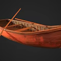 Classic Wooden Boat With Brown Hull And Traditional Wooden Paddle
