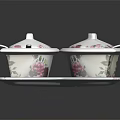 Ceramic Dinnerware Set With Four Lidded Bowls And Matching Pink Floral Saucers