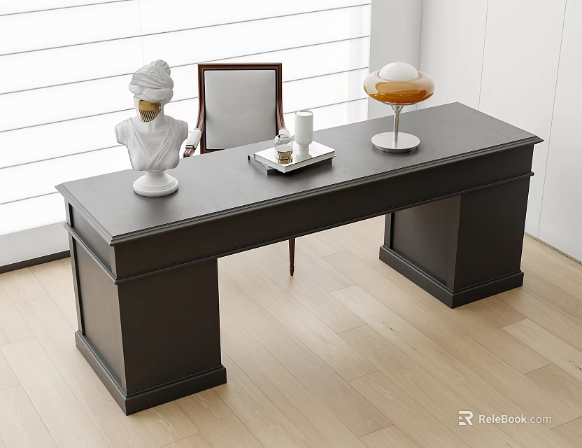 Stylish Black Desk with White Bust Tray Cup and Decorative Sculpture Near Wooden Chair 3d model 