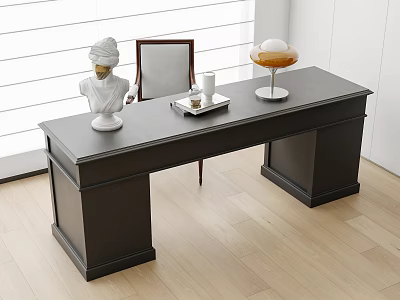 Stylish Black Desk with White Bust Tray Cup and Decorative Sculpture Near Wooden Chair 3d model