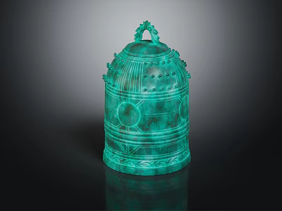 Ancient Bronze Bell With Turquoise Green Patina Intricate Carvings Circular Patterns And Ornate Handle 3d model