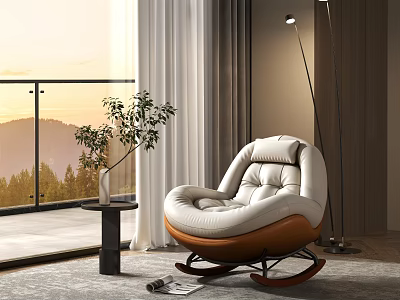 Modern Leisure Rocking Chair White Cushion Brown Base In Cozy Interior With Mountain View 3d model