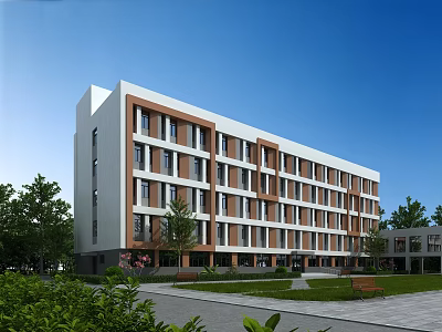 Modern School Building With White And Brown Exterior Surrounded By Green Lawns Trees And Benches 3d model