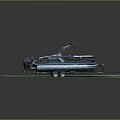 Modern Pontoon Boat With Blue Seats And Trailer Parked On Green Grass