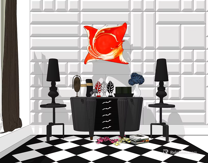Modern Console Table And Side Cabinet With Red Decorative Painting Black Lamps Against White Wall 3d model 