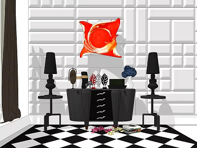 Modern Console Table And Side Cabinet With Red Decorative Painting Black Lamps Against White Wall 3d model