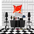 Modern Console Table And Side Cabinet With Red Decorative Painting Black Lamps Against White Wall