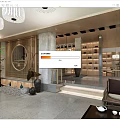 Chinese Style Lobby Interior With Wooden Decor Round Mirror Lanterns Green Plants And Bookshelves
