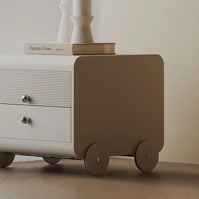 Modern Minimalist Side Table With White Beige Design Drawers And Wheels For Living Room 3d model