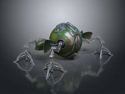Green Spherical Mechanical Creature With Robotic Legs And Decorative Details 3d model