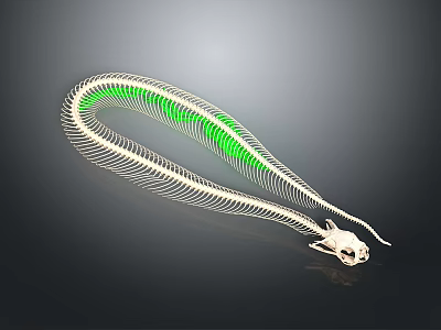 Elongated Animal Skeleton With Green Highlighted Vertebrae Structure 3d model