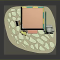Art Stickers Shop Building With Red Door Green Yellow Striped Awning Stone Statue And Plants