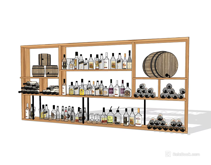 Wooden Wine Rack Display With Arranged Wine Bottles Glasses And Barrel 3d model 