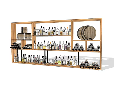 Wooden Wine Rack Display With Arranged Wine Bottles Glasses And Barrel 3d model