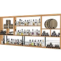 Wooden Wine Rack Display With Arranged Wine Bottles Glasses And Barrel