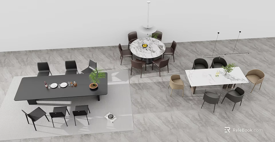 Modern Dining Table Sets With Round Rectangular Tables Chairs Plants And Pendant Lights In Interior 3d model