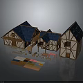 Multiple Medieval Wooden Houses With Blue Roofs Stone Walls And Material Samples