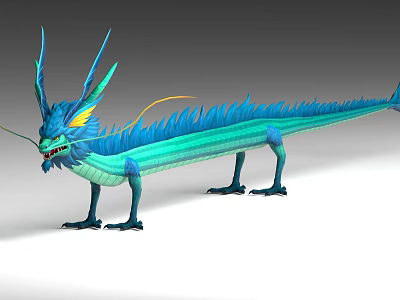 Animated Blue Dragon Character With Green Body Long Tail Horns And Yellow Decorations 3d model