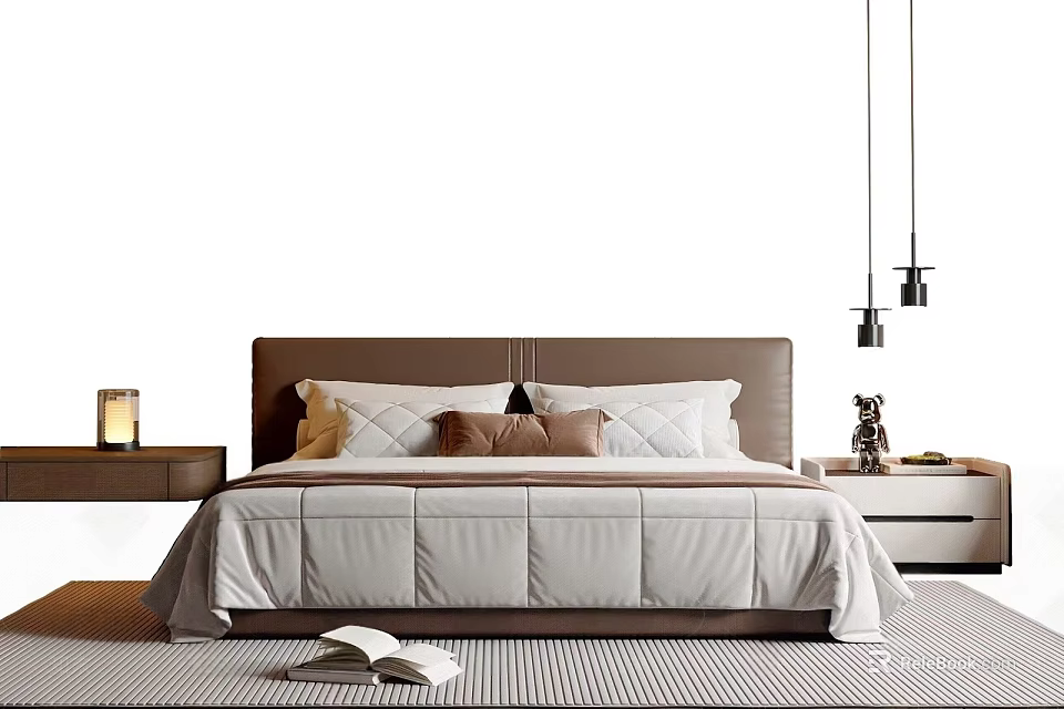 Double Bed With Brown Headboard Multiple Pillows Nightstands Hanging Pendant Lights And Striped Rug 3d model 