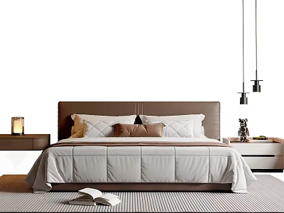 Double Bed With Brown Headboard Multiple Pillows Nightstands Hanging Pendant Lights And Striped Rug 3d model
