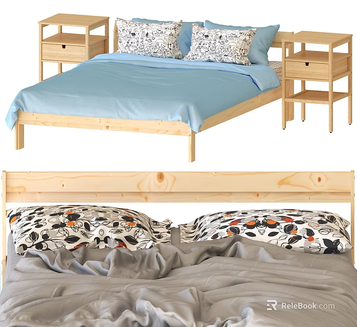 Wooden Double Bed With Blue Bedding Patterned Pillows And Side Tables 3d model