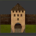 Medieval Brick Red Fortress Tower With Wooden Roof Galleries Green Grass Slopes And Arched Door