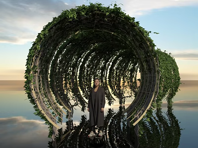 Vine Covered Circular Tunnel Structure With Person Standing Inside Water Reflection And Cloudy Sky 3d model