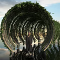 Vine Covered Circular Tunnel Structure With Person Standing Inside Water Reflection And Cloudy Sky 3d model