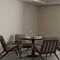 Round Meeting Table and Chairs with Light Colored Seats Wooden Frame and Tea Set in Minimalist Modern Room