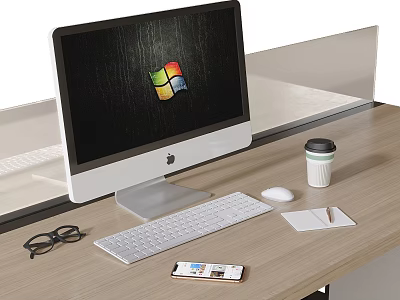 Modern Computer Monitor Setup With Keyboard Mouse Coffee Cup And Office Supplies 3d model