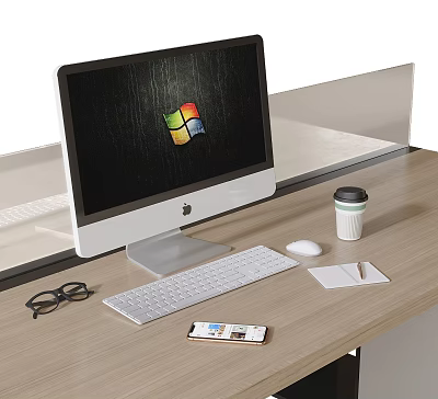 Modern Computer Monitor Setup With Keyboard Mouse Coffee Cup And Office Supplies 3d model