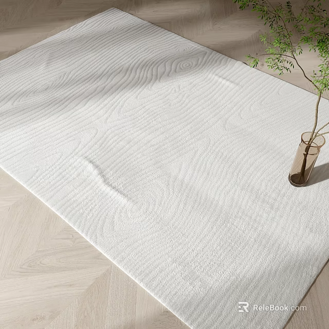 White Square Rug With Wavy Texture On Wooden Floor Beside Green Plant Vase 3d model 