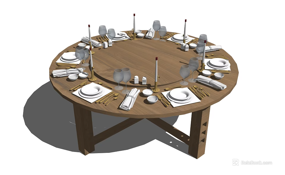 Elegantly Set Round Wooden Dining Table With Plates Cutlery Candles And Wine Glasses 3d model 