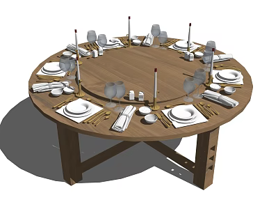Elegantly Set Round Wooden Dining Table With Plates Cutlery Candles And Wine Glasses 3d model