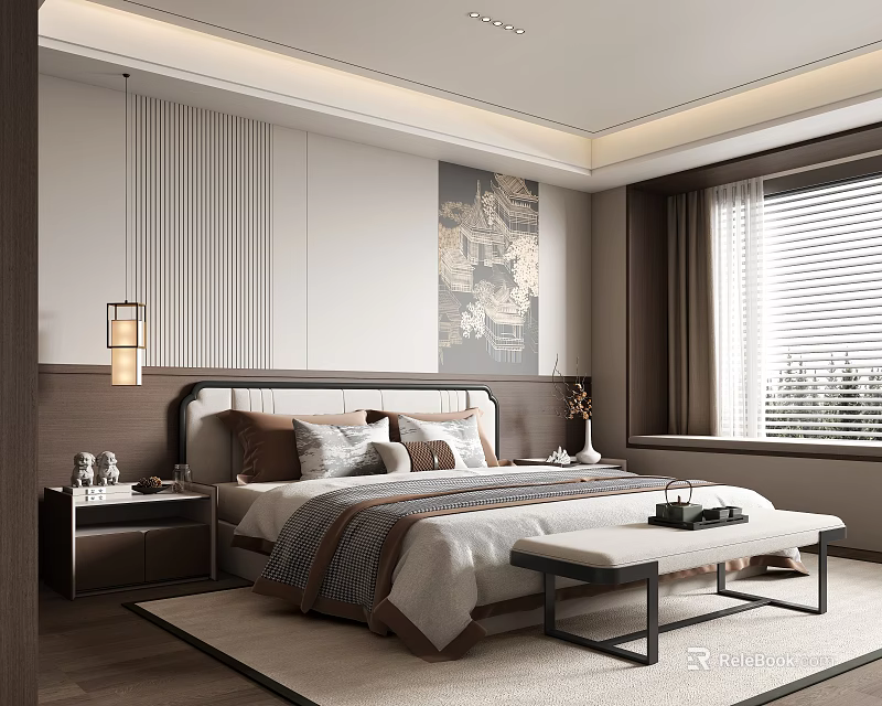 Elegant Modern Bedroom Interior With Large Bed Pillows Decorative Artwork Bench And Window Blinds 3d model 