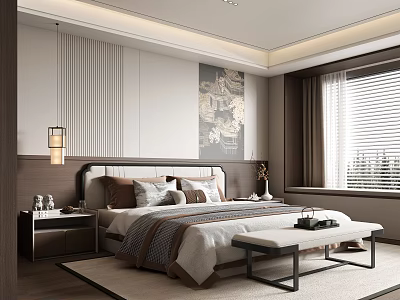 Elegant Modern Bedroom Interior With Large Bed Pillows Decorative Artwork Bench And Window Blinds 3d model