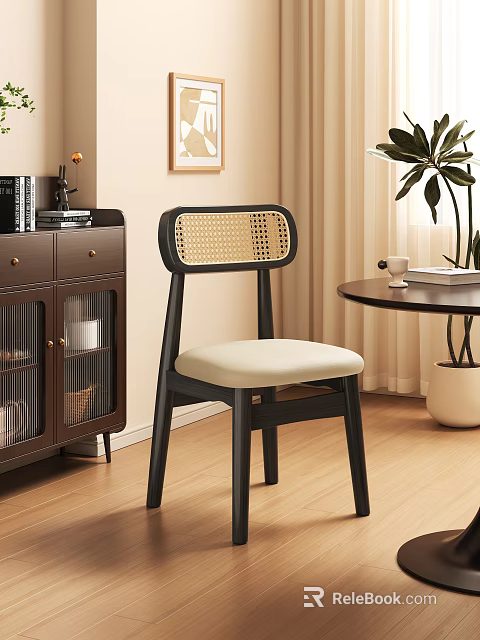 Modern Dining Chair With Rattan Backrest Black Wooden Frame And Beige Upholstered Seat 3d model 