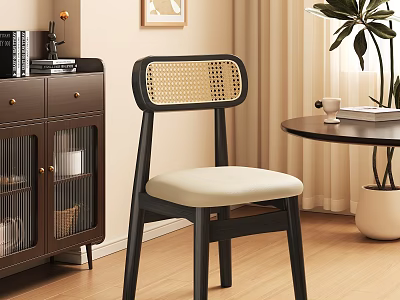 Modern Dining Chair With Rattan Backrest Black Wooden Frame And Beige Upholstered Seat 3d model