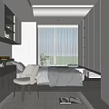Modern Tatami Bedroom Interior With Desk Chair Curtains And Storage Cabinets