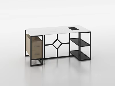 Modern Tea Table Set With White Tabletop Black Metal Frame Drawer And Geometric Shelf 3d model