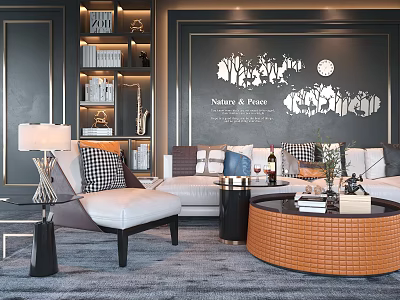 Modern Sofa And Coffee Table Set With Light Upholstered Patterned Cushions Round Black Woven Tables Decorative Items 3d model