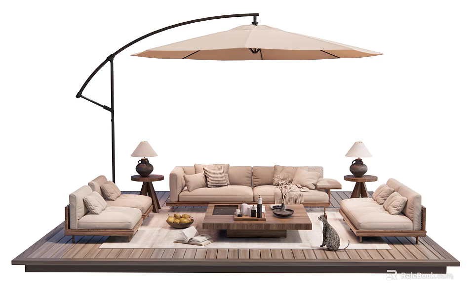 Comfortable Outdoor Sofa Set on Wooden Deck with Umbrella Side Lamps and Coffee Table 3d model 